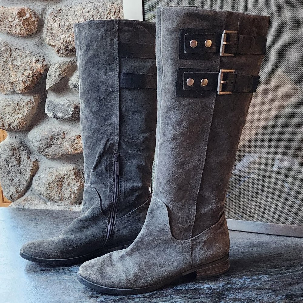 Nine West Gray Suede Leather Tumble Buckle Riding Boots